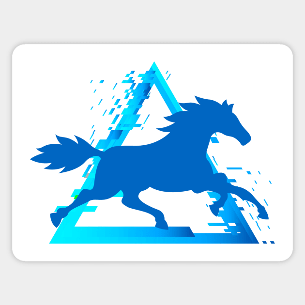 Horse Trotting with a Pixelated Triangular Explosion: Modern Design (blue) Sticker by Stupid Coffee Designs